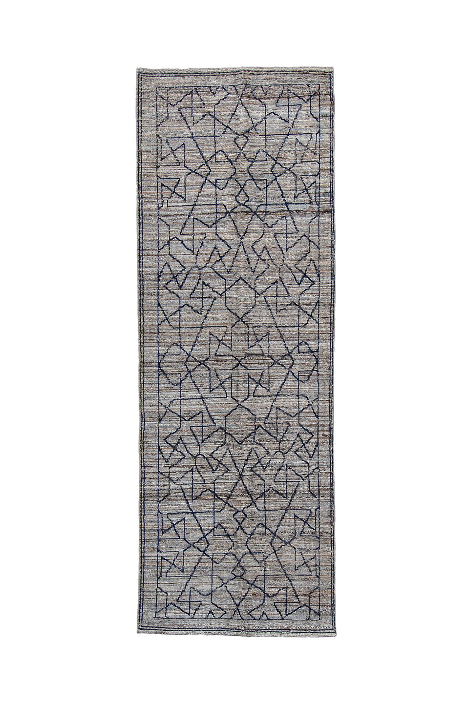 3' x 9' one-of-a-kind handmade vintage Tulu runner rug. Color palette: black, blue, brown, charcoal, dim gray, gainsboro