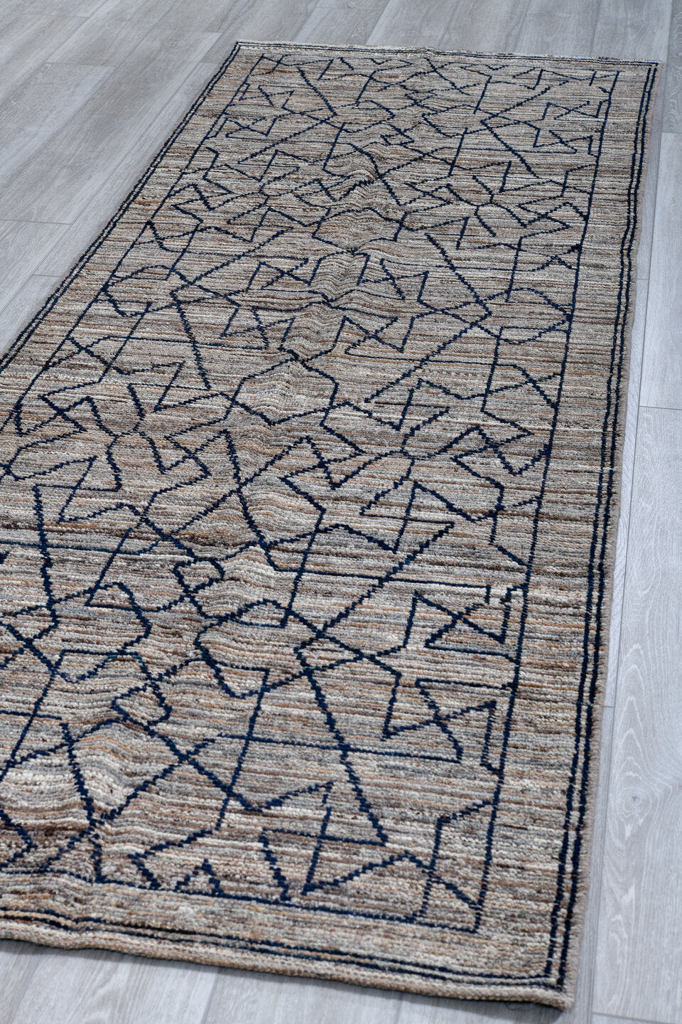 3' x 9' one-of-a-kind handmade vintage Tulu runner rug. Color palette: ivory, taupe, charcoal, gray, beige, black