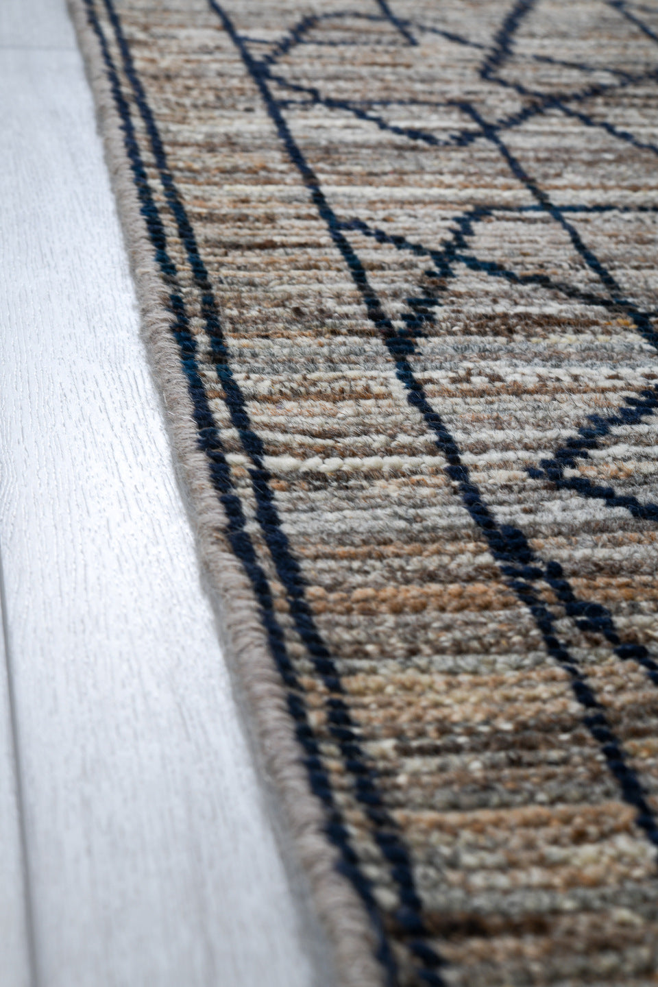 3' x 9' one-of-a-kind handmade vintage Tulu runner rug. Color palette: ivory, taupe, charcoal, gray, beige, black