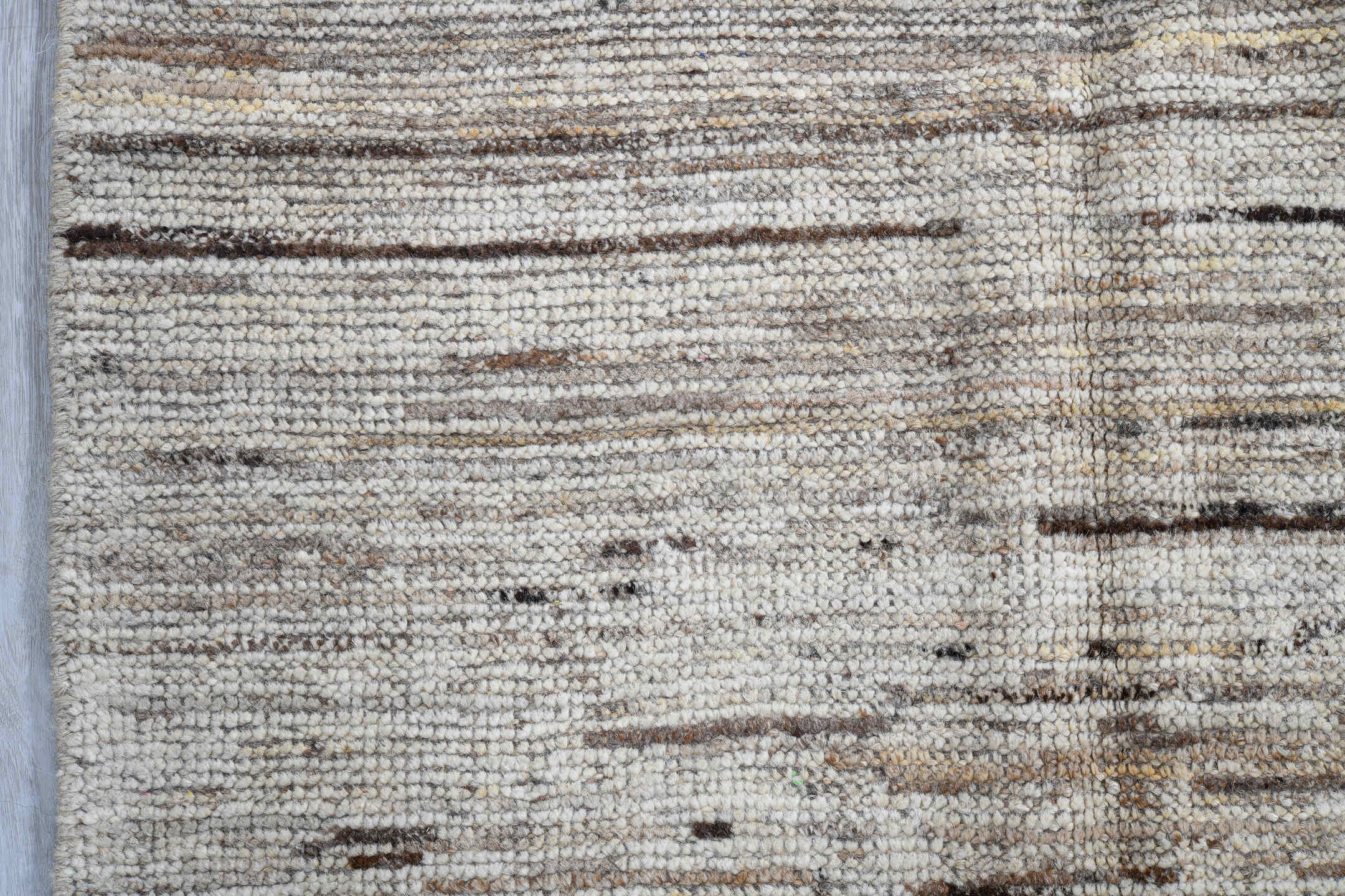 3' x 9' one-of-a-kind handmade vintage Tulu runner rug. Color palette: ivory, taupe, charcoal, brown, cream, beige, gray