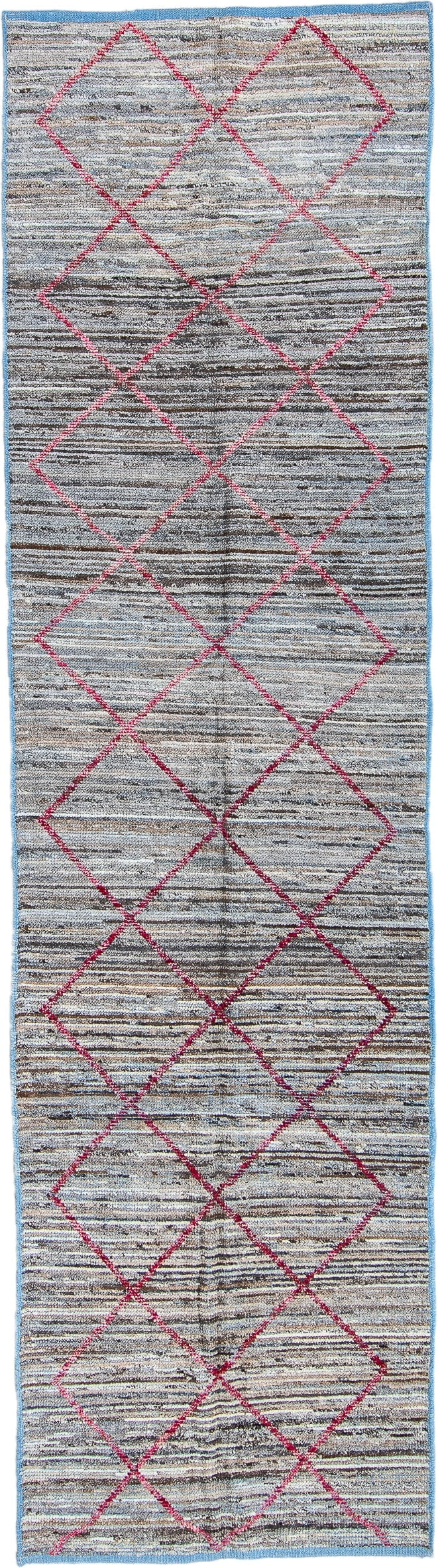 2' x 10' one-of-a-kind handmade vintage Tulu runner rug. Color palette: gray, ivory, pink, charcoal, sky_blue, black
