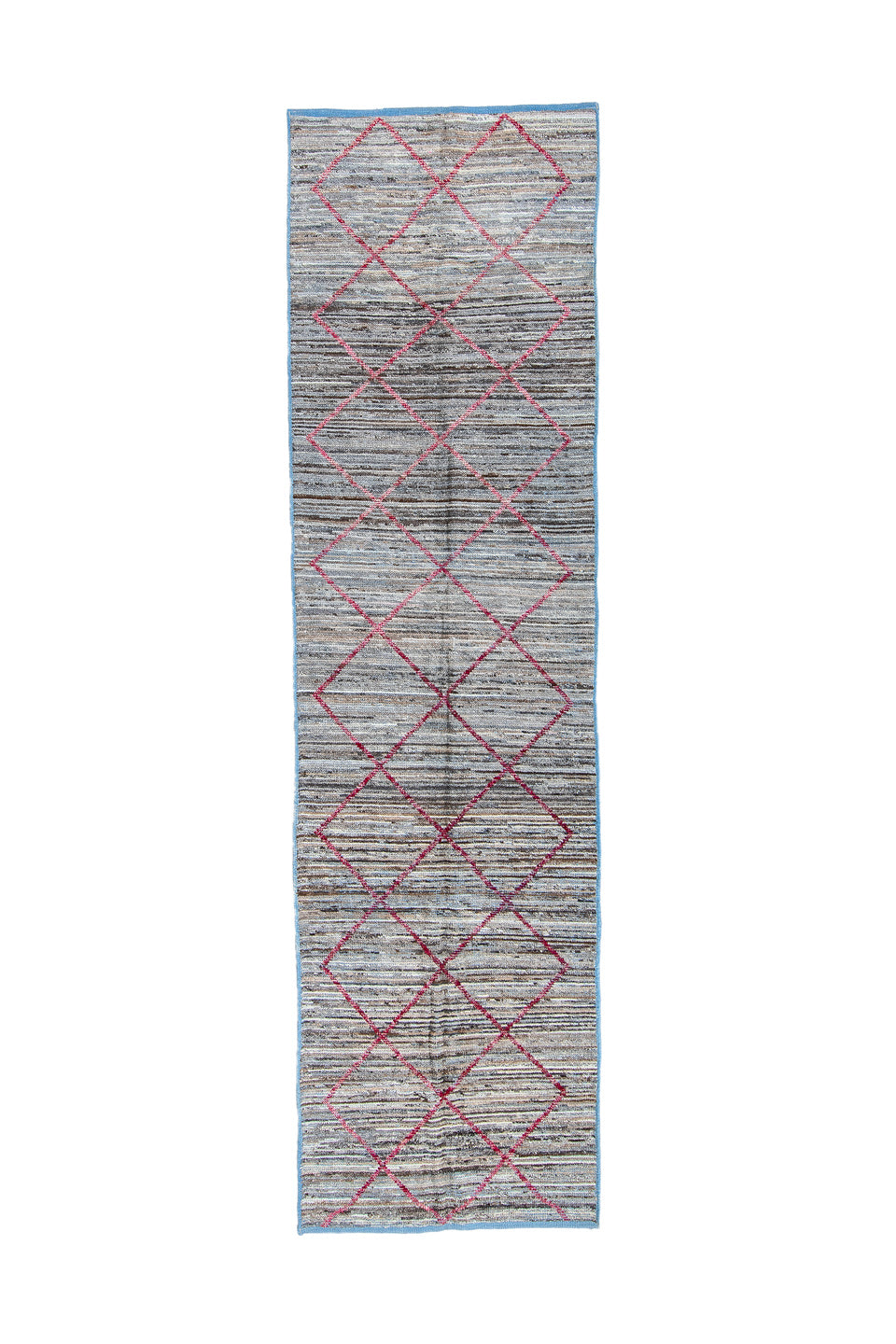 2' x 10' one-of-a-kind handmade vintage Tulu runner rug. Color palette: black, blue, brown, gainsboro, gray, light blue
