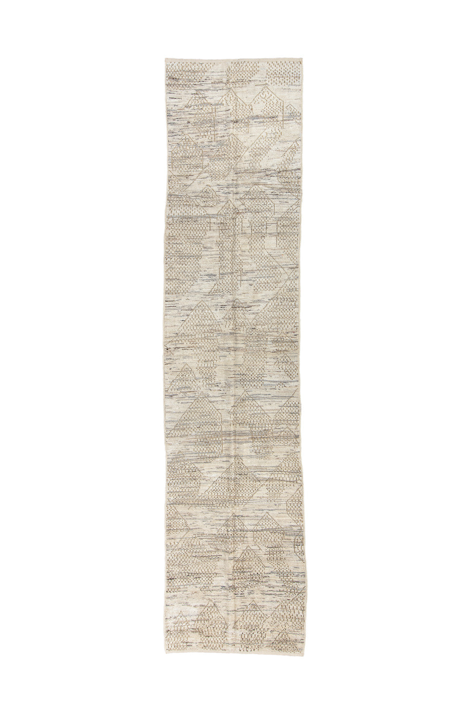 3' x 13' one-of-a-kind handmade vintage Tulu runner rug. Color palette: blue, brown, dark gray, gray, light blue, light gray
