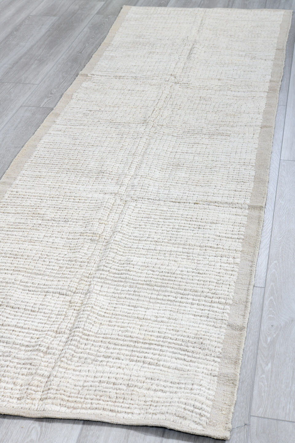 3' x 9' one-of-a-kind handmade vintage Tulu runner rug. Color palette: ivory, cream, taupe, beige, gray