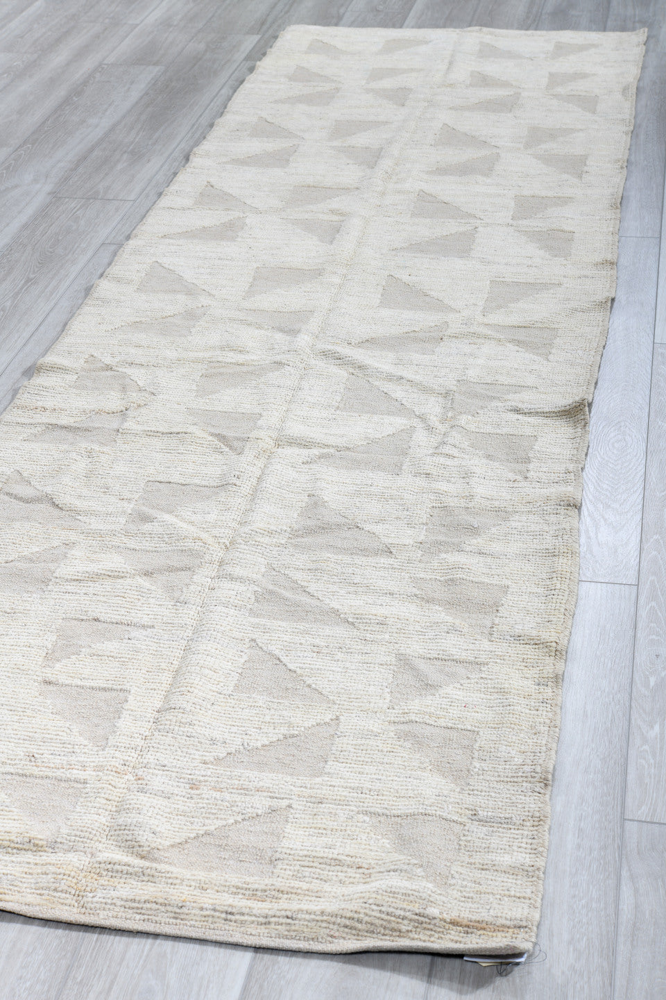 3' x 11' one-of-a-kind handmade vintage Tulu runner rug. Color palette: ivory, taupe, cream, beige, gray