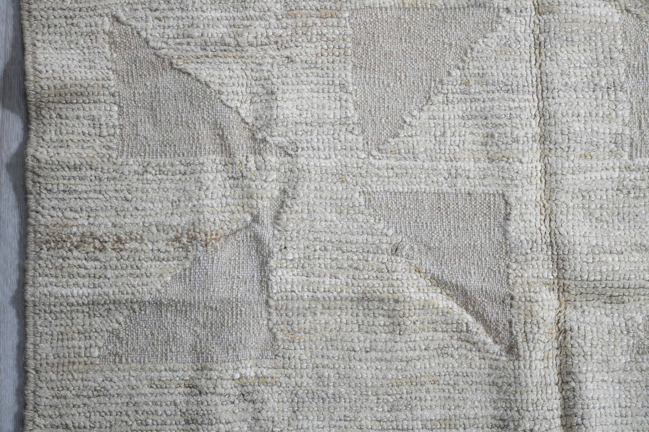 3' x 11' one-of-a-kind handmade vintage Tulu runner rug. Color palette: ivory, taupe, cream, beige, gray