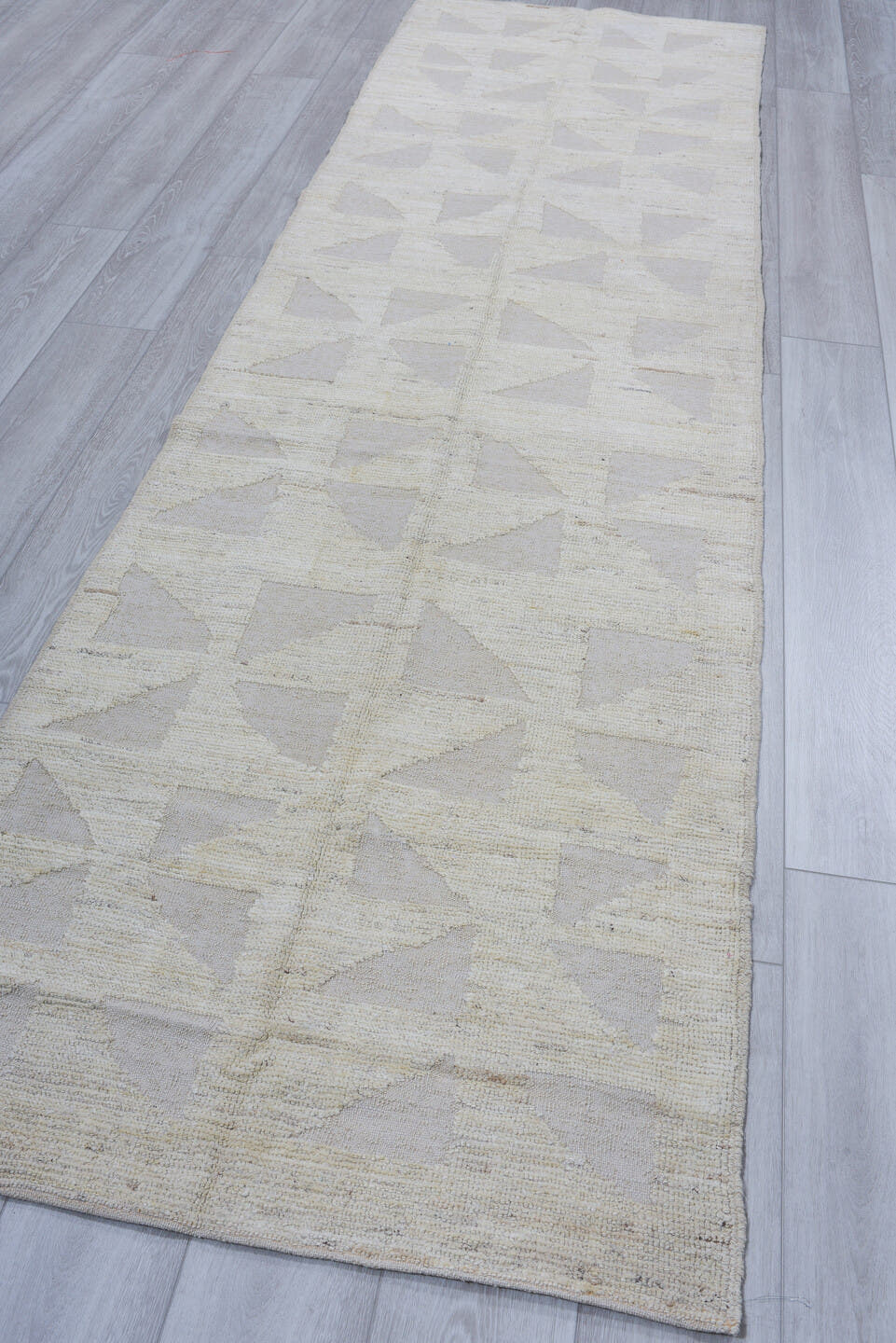 3' x 11' one-of-a-kind handmade vintage Tulu runner rug. Color palette: ivory, cream, beige, taupe, camel, gray