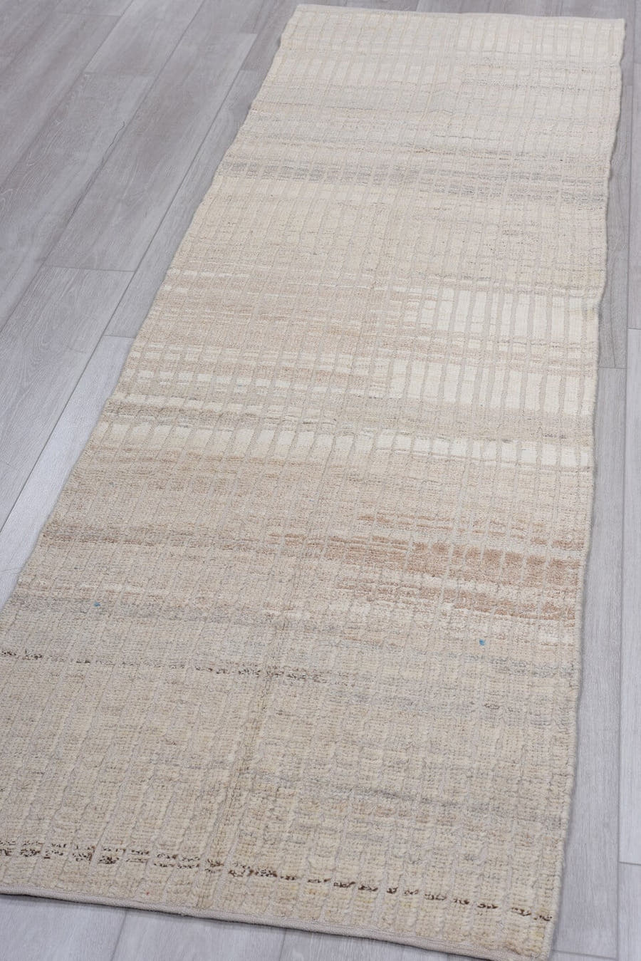 2' x 12' one-of-a-kind handmade vintage Tulu runner rug. Color palette: ivory, taupe, beige, cream, light gray, gray