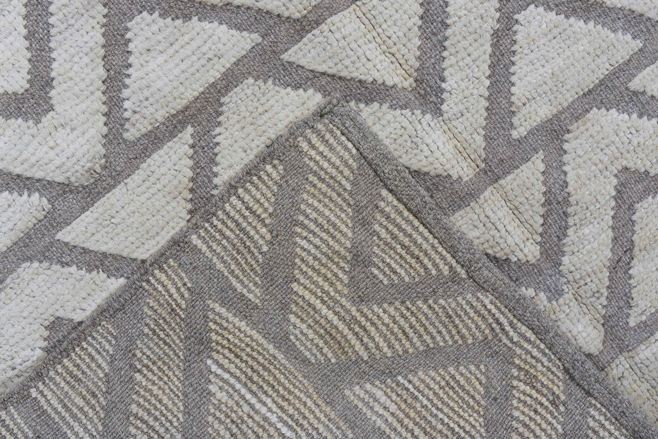 3' x 9' one-of-a-kind handmade vintage Tulu runner rug. Color palette: ivory, gray, taupe, beige