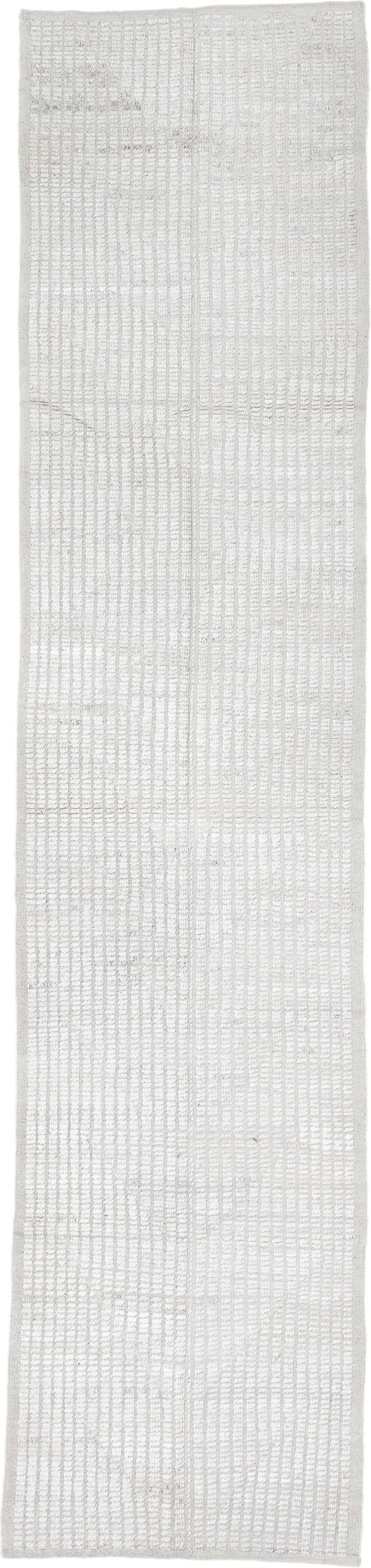 3' x 12' one-of-a-kind handmade vintage Tulu runner rug. Color palette: ivory, cream, light gray