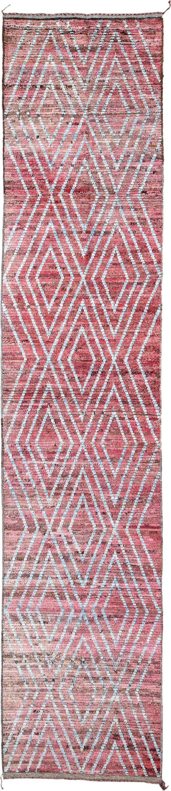 2' x 13' one-of-a-kind handmade vintage Tulu runner rug. Color palette: rose, ivory, dusty pink, taupe, brown, pink, red