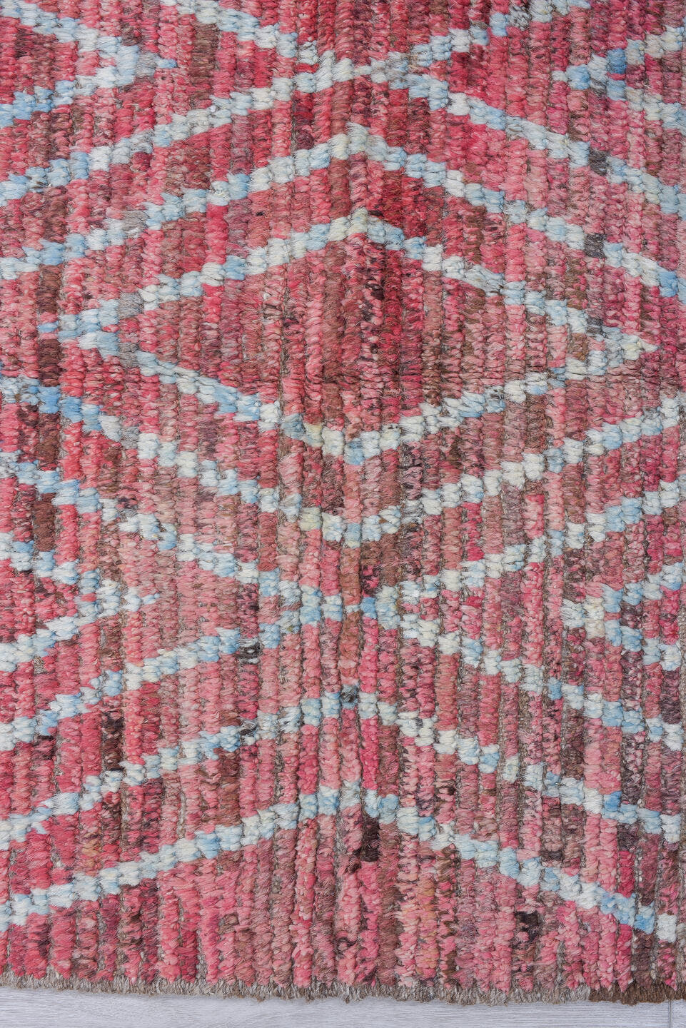 2' x 13' one-of-a-kind handmade vintage Tulu runner rug. Color palette: rose, ivory, dusty pink, taupe, brown, pink, red