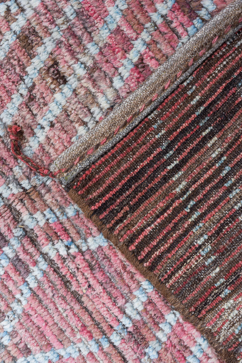 2' x 13' one-of-a-kind handmade vintage Tulu runner rug. Color palette: rose, ivory, dusty pink, taupe, brown, pink, red