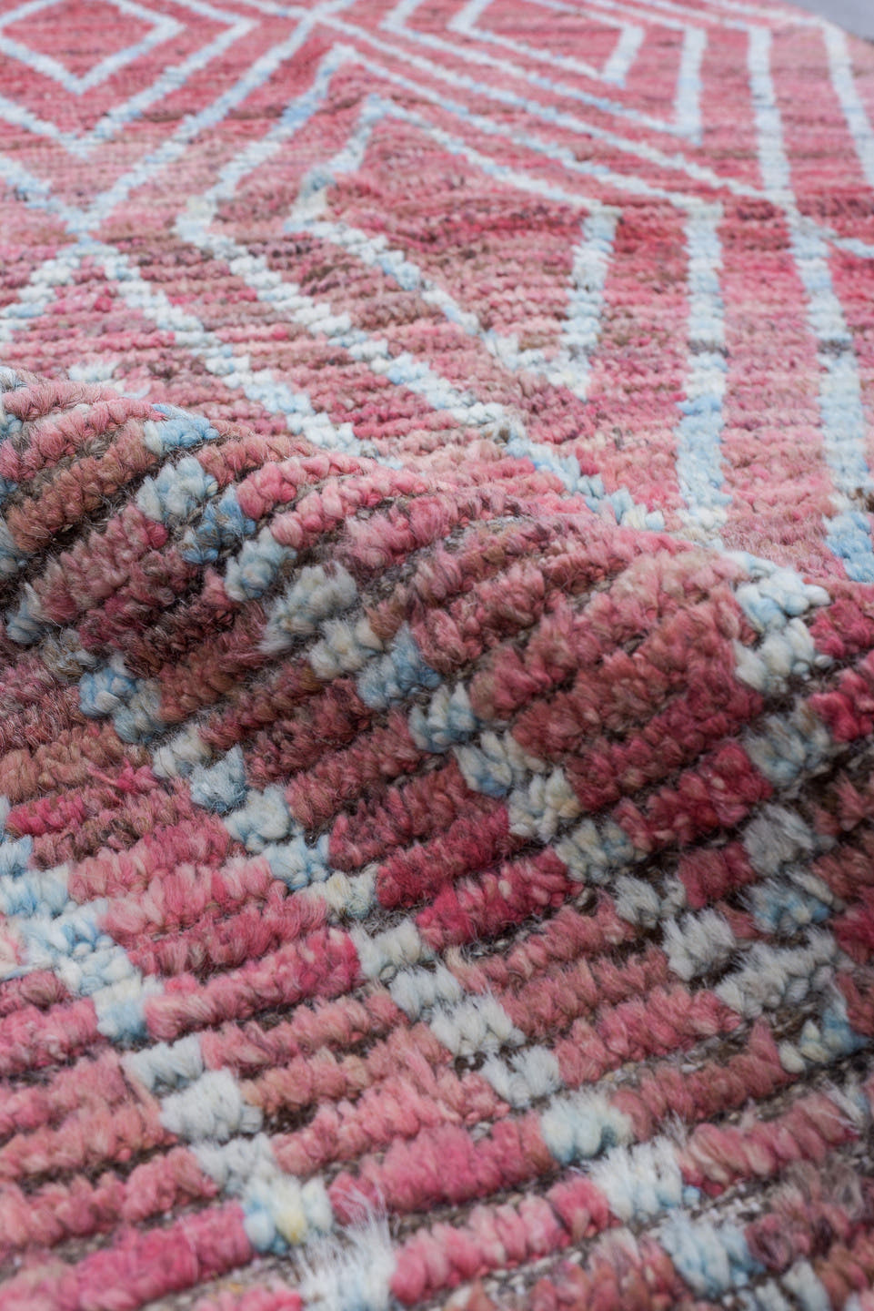 2' x 13' one-of-a-kind handmade vintage Tulu runner rug. Color palette: rose, ivory, dusty pink, taupe, brown, pink, red