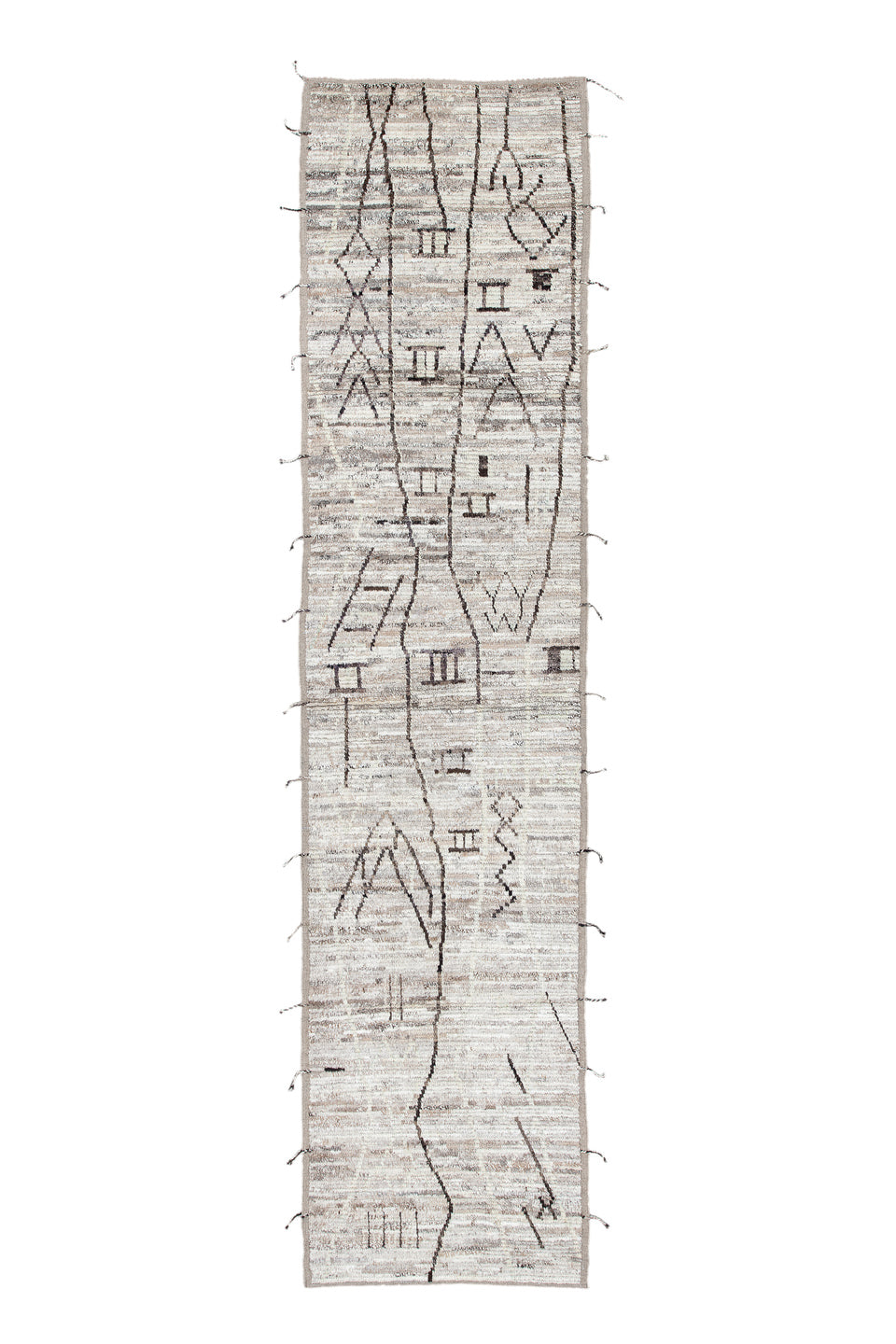 3' x 12' one-of-a-kind handmade vintage Tulu runner rug. Color palette: black, blue, dark gray, dim gray, gainsboro, gray