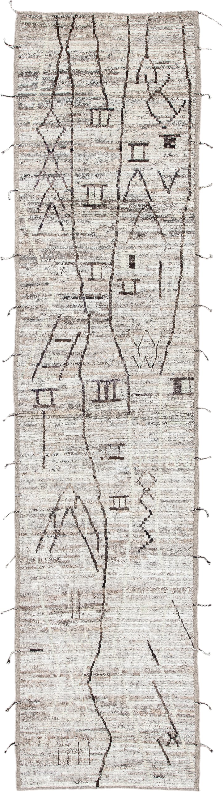 3' x 12' one-of-a-kind handmade vintage Tulu runner rug. Color palette: ivory, taupe, brown, charcoal, cream, greige, beige