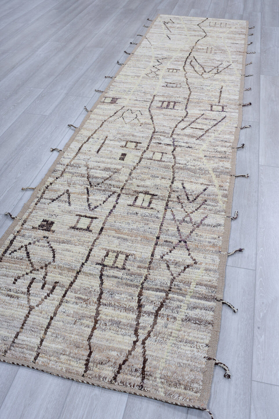 3' x 12' one-of-a-kind handmade vintage Tulu runner rug. Color palette: ivory, taupe, brown, charcoal, cream, greige, beige