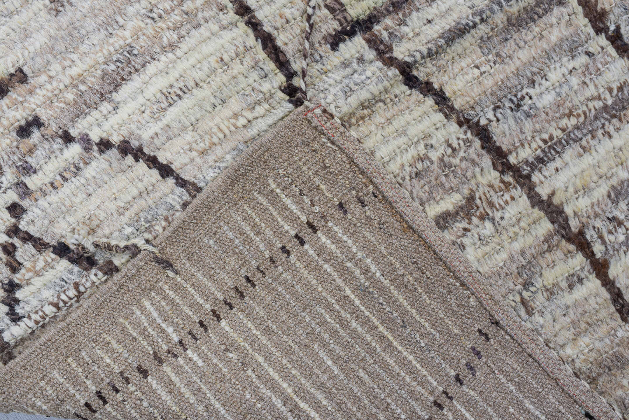 3' x 12' one-of-a-kind handmade vintage Tulu runner rug. Color palette: ivory, taupe, brown, charcoal, cream, greige, beige