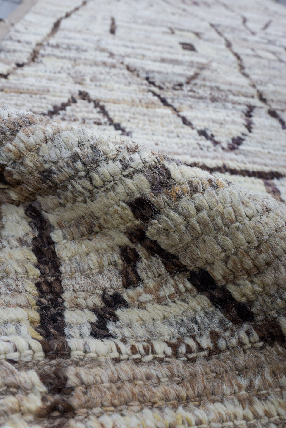 3' x 12' one-of-a-kind handmade vintage Tulu runner rug. Color palette: ivory, taupe, brown, charcoal, cream, greige, beige