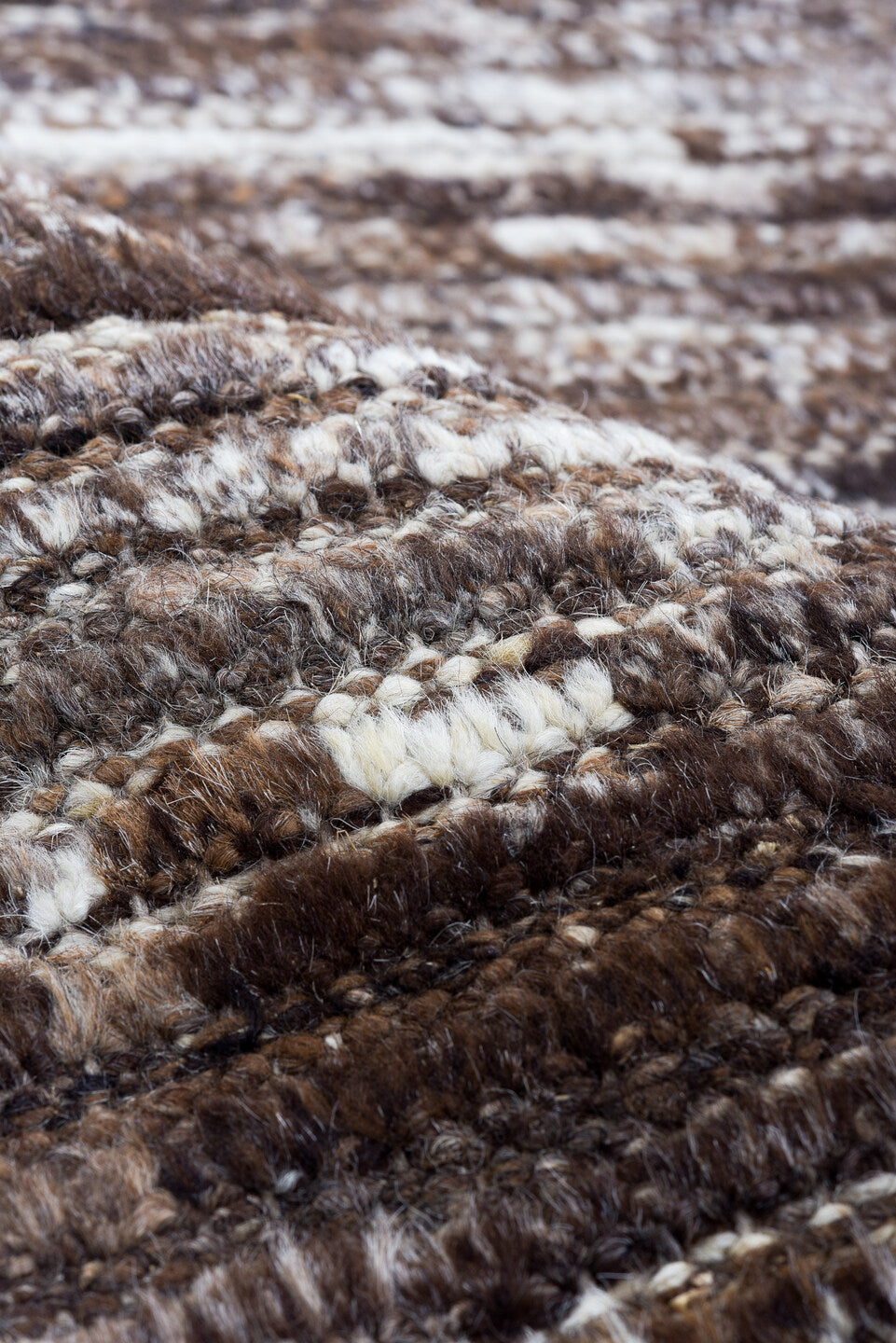 3' x 10' one-of-a-kind handmade vintage Tulu runner rug. Color palette: brown, ivory, taupe, charcoal, camel, beige, gray
