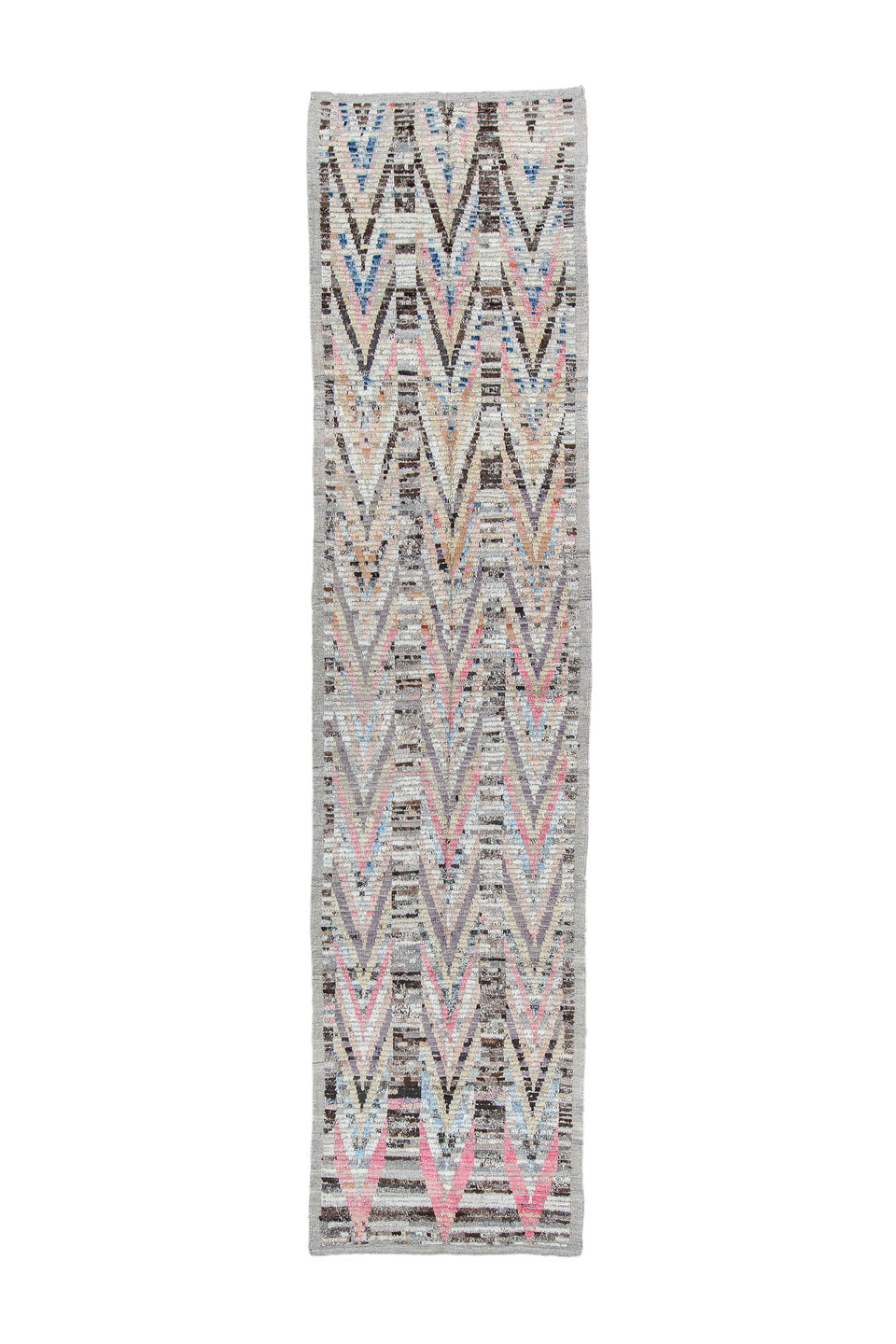 3' x 13' one-of-a-kind handmade vintage Tulu runner rug. Color palette: gray, ivory, charcoal, pink, pale_blue, lavender