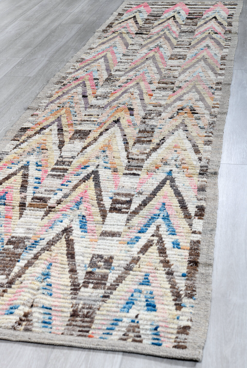 3' x 13' one-of-a-kind handmade vintage Tulu runner rug. Color palette: gray, ivory, charcoal, pink, pale_blue, lavender