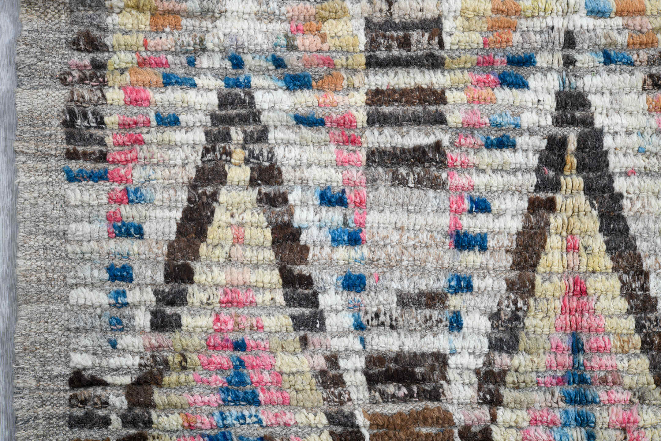 3' x 13' one-of-a-kind handmade vintage Tulu runner rug. Color palette: gray, ivory, charcoal, pink, pale_blue, lavender