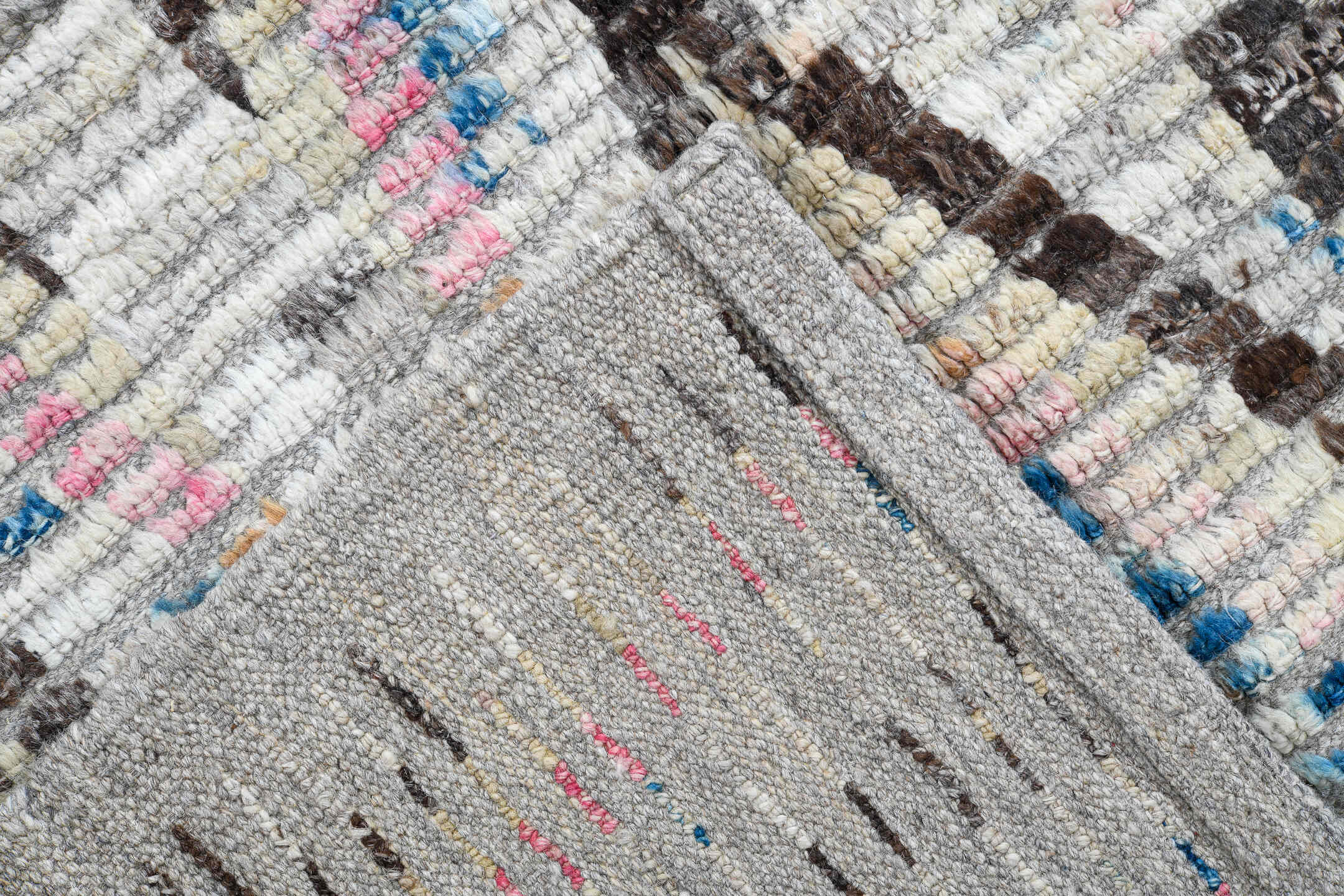 3' x 13' one-of-a-kind handmade vintage Tulu runner rug. Color palette: gray, ivory, charcoal, pink, pale_blue, lavender