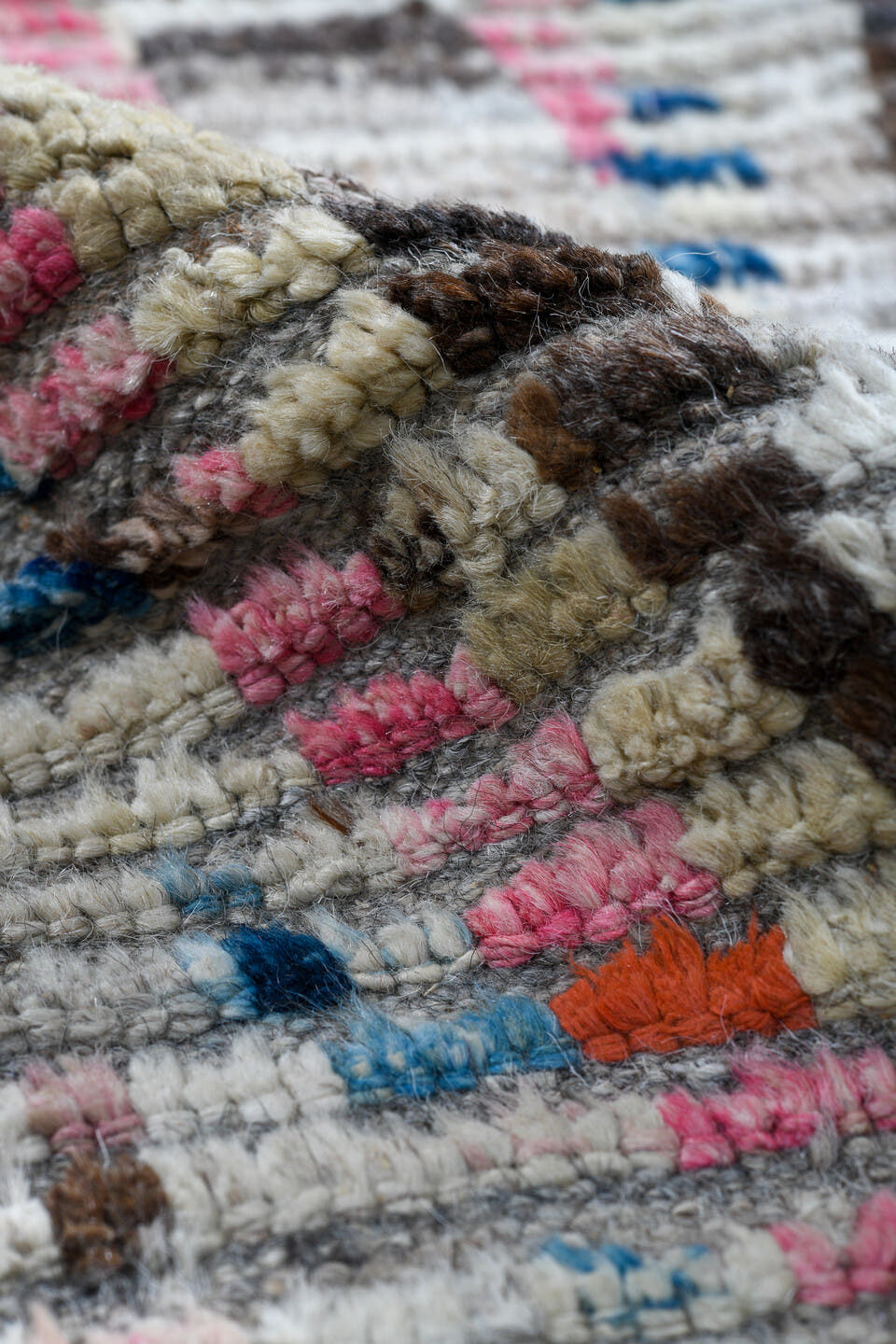 3' x 13' one-of-a-kind handmade vintage Tulu runner rug. Color palette: gray, ivory, charcoal, pink, pale_blue, lavender