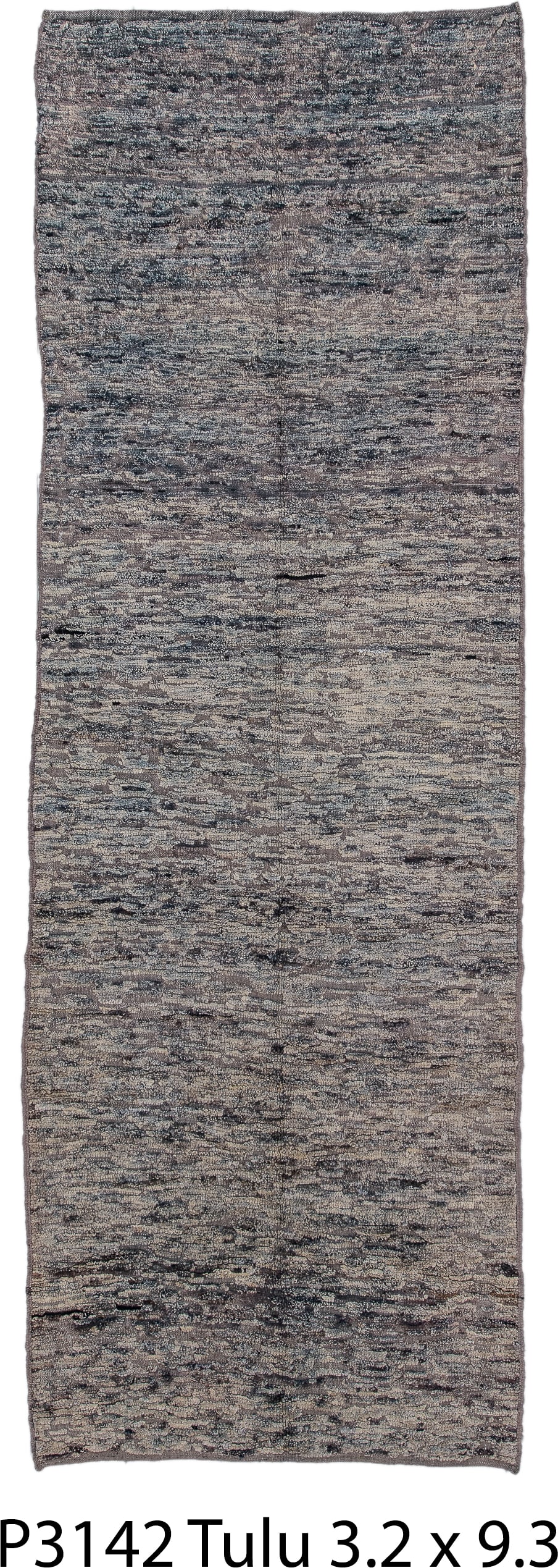 3' x 9' one-of-a-kind handmade vintage Tulu runner rug. Color palette: gray, taupe, charcoal, ivory, beige, black