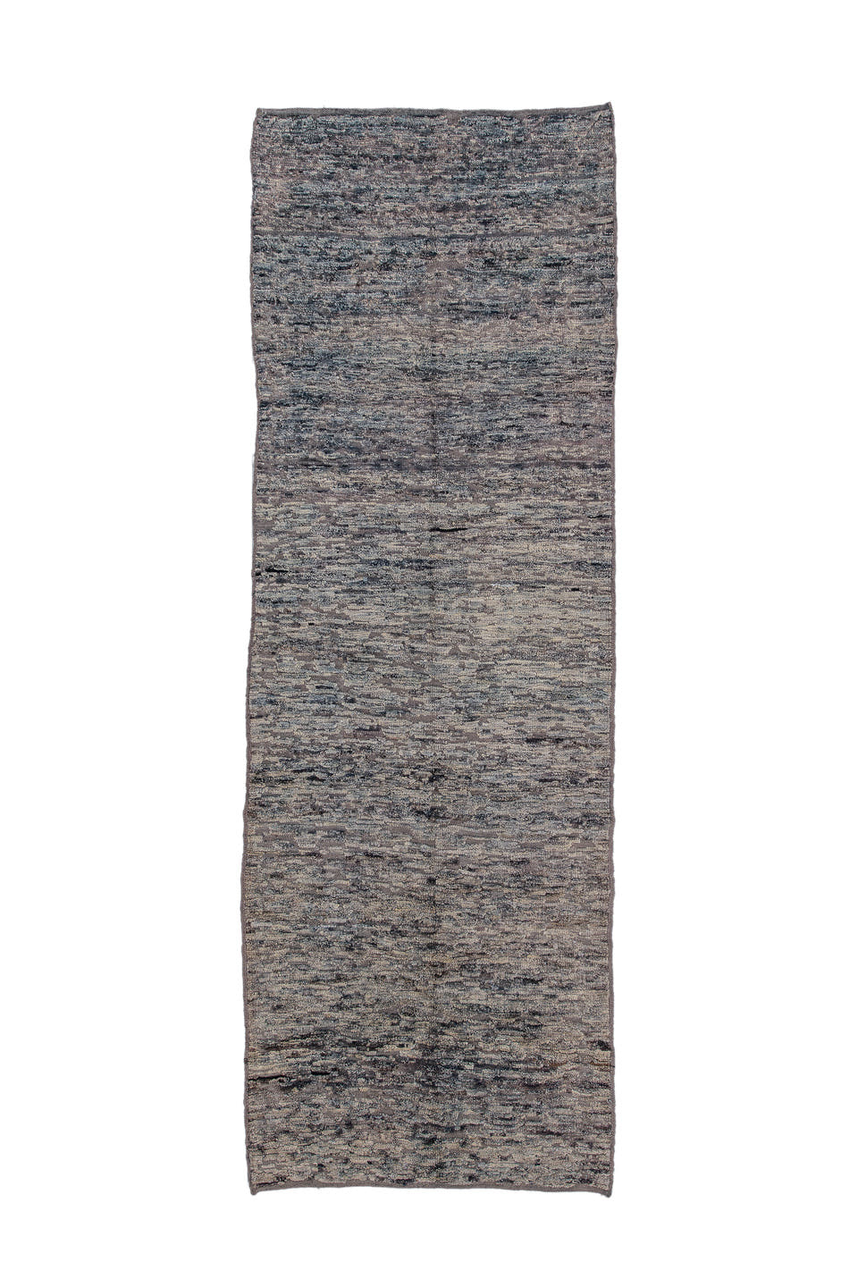 3' x 9' one-of-a-kind handmade vintage Tulu runner rug. Color palette: gray, taupe, charcoal, ivory, beige, black