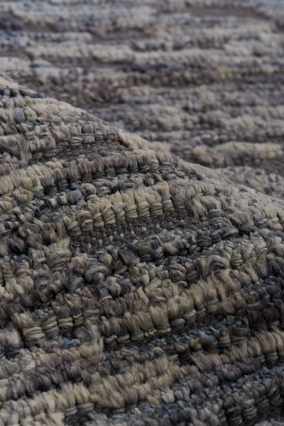 3' x 9' one-of-a-kind handmade vintage Tulu runner rug. Color palette: gray, taupe, charcoal, ivory, beige, black