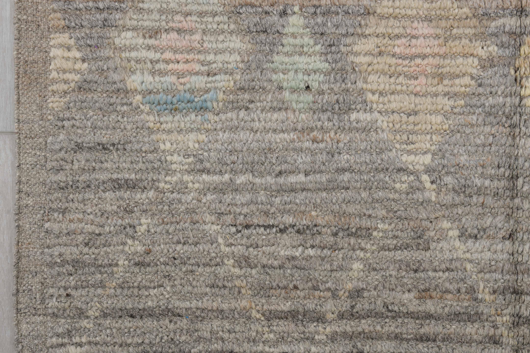 3' x 12' one-of-a-kind handmade vintage Tulu runner rug. Color palette: gray, ivory, taupe, blush, pale aqua, charcoal