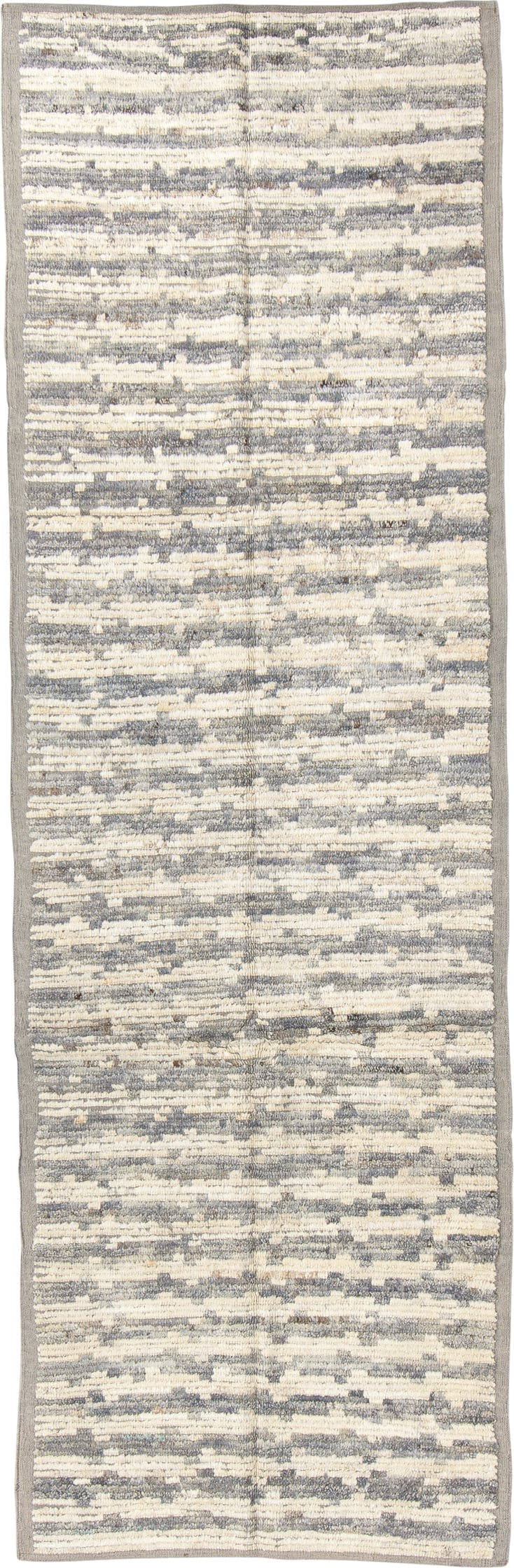 3' x 9' one-of-a-kind handmade vintage Tulu runner rug. Color palette: ivory, gray, taupe, beige