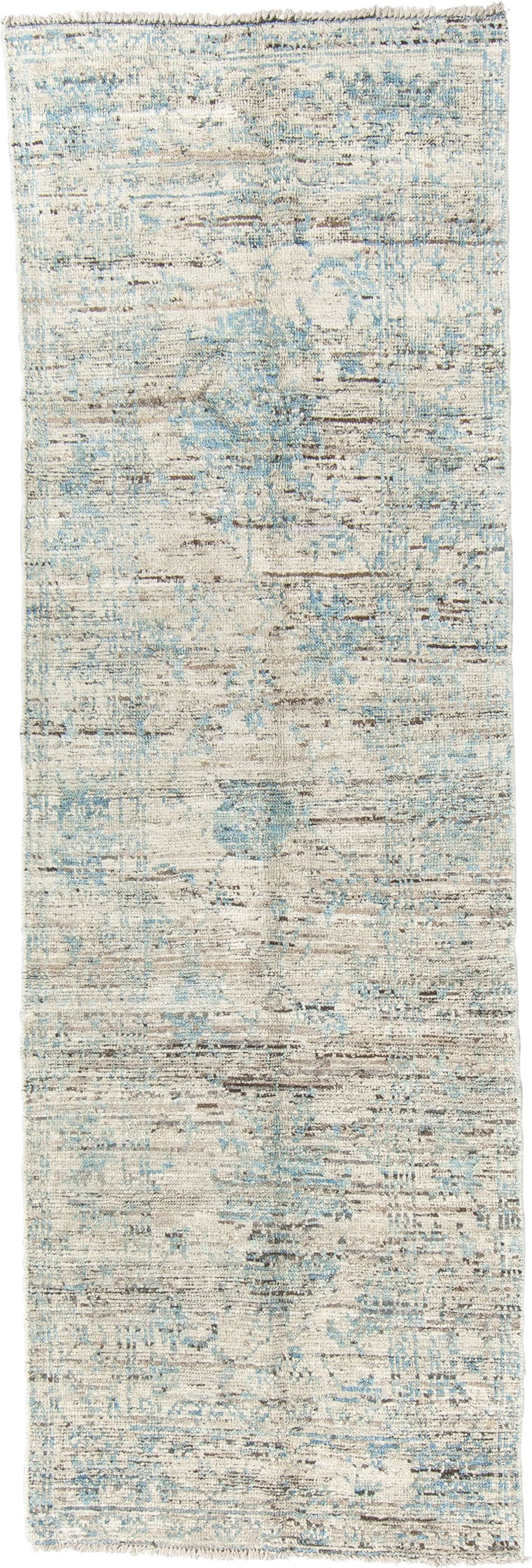 2' x 8' one-of-a-kind handmade vintage Tulu runner rug. Color palette: ivory, pale blue, sky blue, taupe, gray, light blue