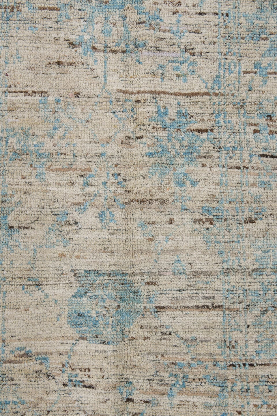 2' x 8' one-of-a-kind handmade vintage Tulu runner rug. Color palette: ivory, pale blue, sky blue, taupe, gray, light blue
