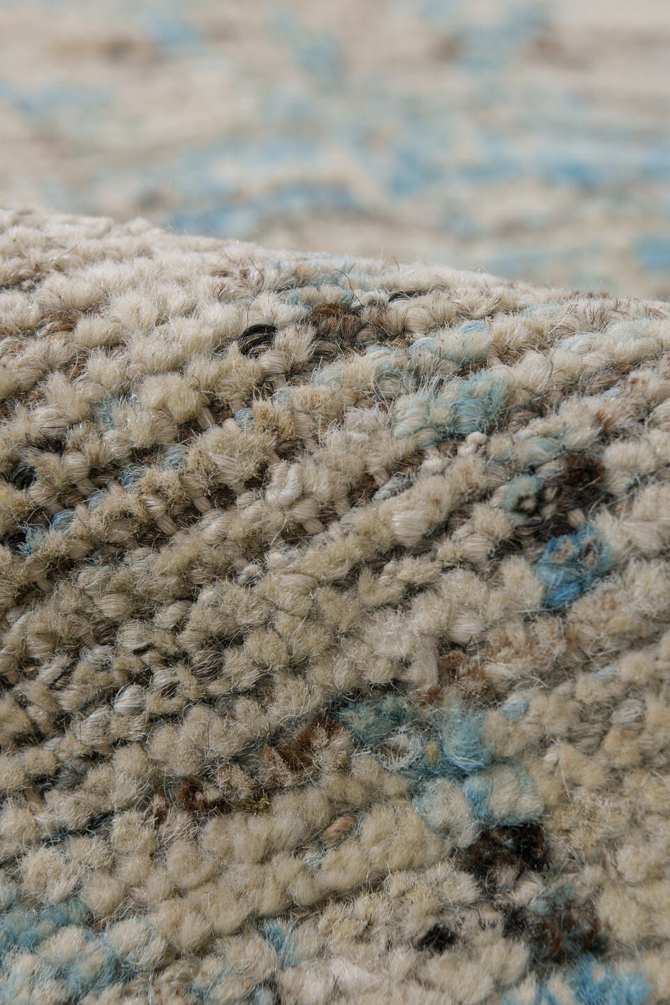 2' x 8' one-of-a-kind handmade vintage Tulu runner rug. Color palette: ivory, pale blue, sky blue, taupe, gray, light blue