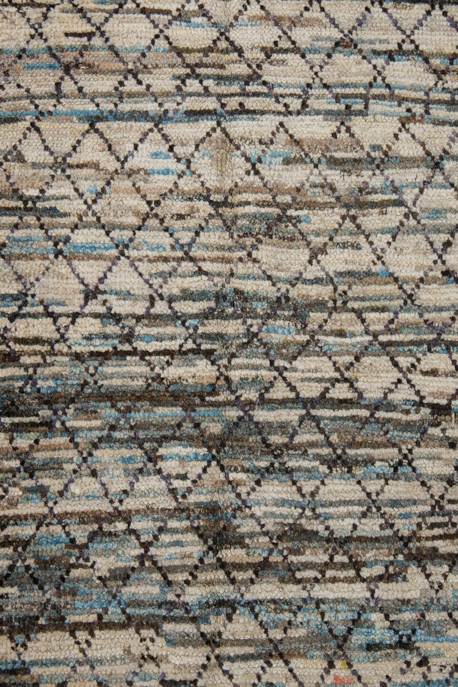 2' x 9' one-of-a-kind handmade vintage Tulu runner rug. Color palette: ivory, charcoal, sky_blue, taupe, gray, black