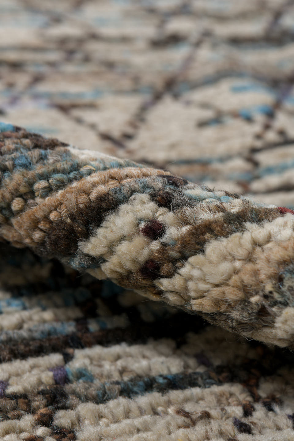 2' x 9' one-of-a-kind handmade vintage Tulu runner rug. Color palette: ivory, charcoal, sky_blue, taupe, gray, black