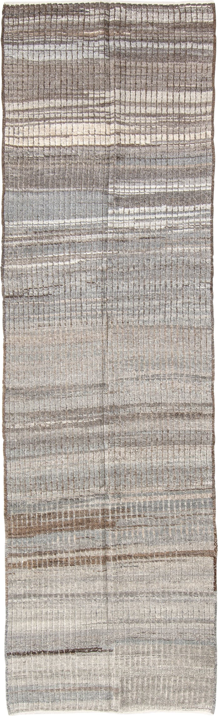 3' x 10' one-of-a-kind handmade vintage Tulu runner rug. Color palette: ivory, taupe, gray, brown, greige, beige