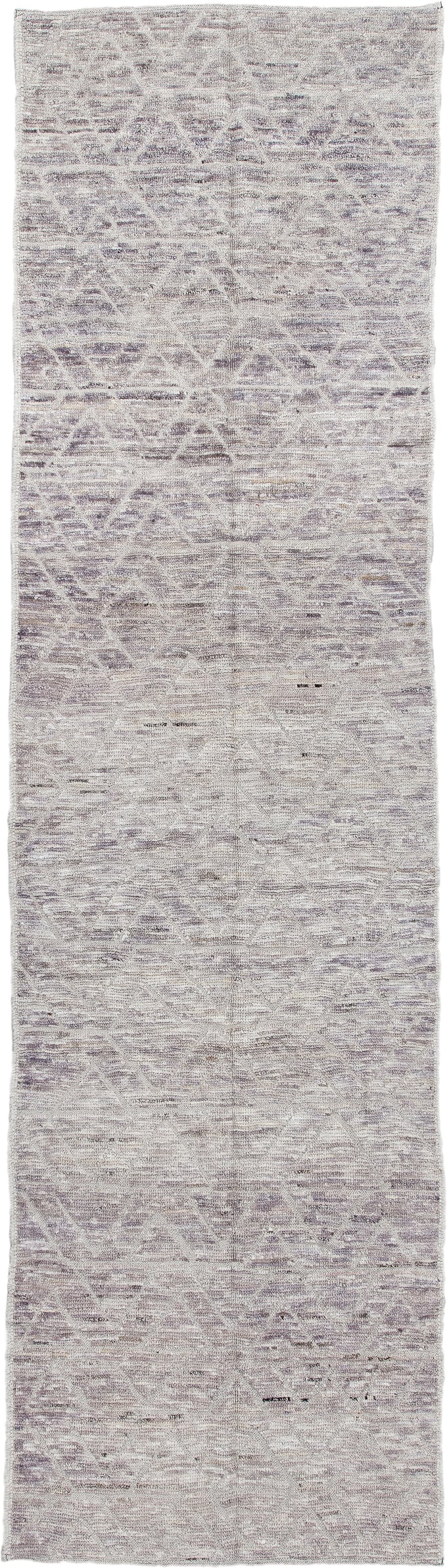 3' x 11' one-of-a-kind handmade vintage Tulu runner rug. Color palette: ivory, taupe, lavender, gray, greige, beige