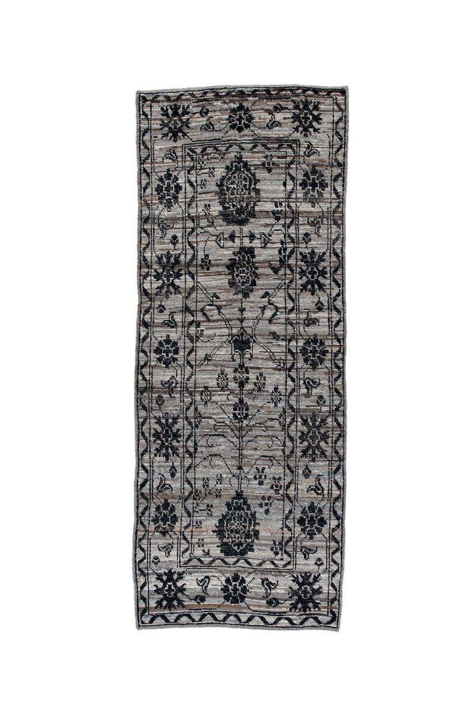 3' x 8' one-of-a-kind handmade vintage Tulu runner rug. Color palette: black, blue, brown, charcoal, gainsboro, gray