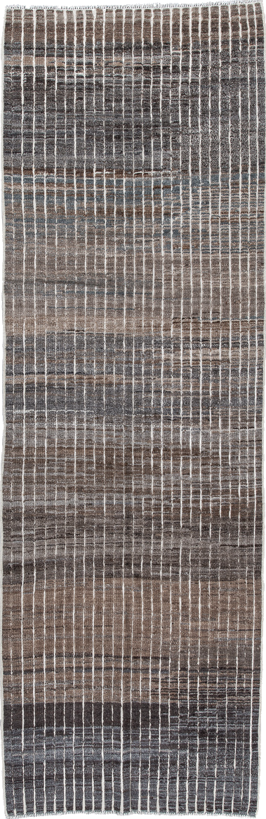 3' x 9' one-of-a-kind handmade vintage Tulu runner rug. Color palette: black, blue, brown, charcoal, dark gray, dim gray