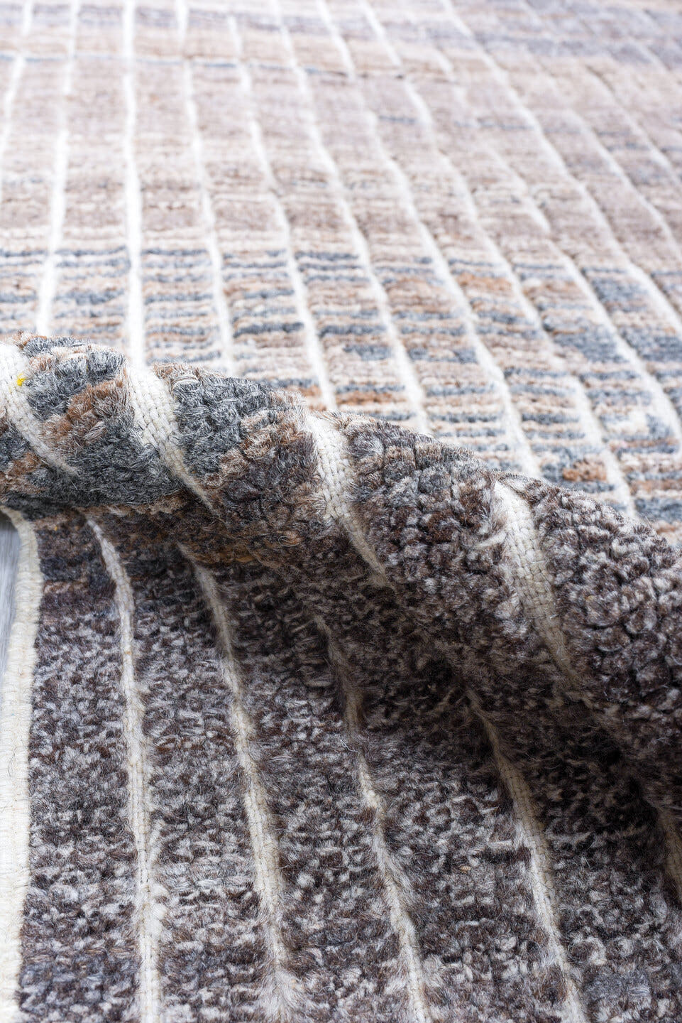 3' x 9' one-of-a-kind handmade vintage Tulu runner rug. Color palette: taupe, charcoal, ivory, slate, brown, gray, beige
