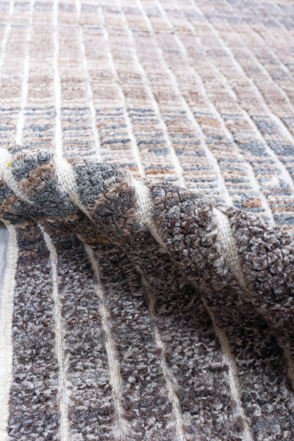 3' x 9' one-of-a-kind handmade vintage Tulu runner rug. Color palette: taupe, charcoal, ivory, slate, brown, gray, beige
