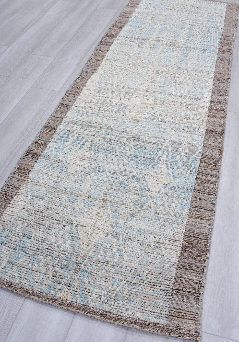 3' x 9' one-of-a-kind handmade vintage Tulu runner rug. Color palette: blue, dark gray, dim gray, gainsboro, gray