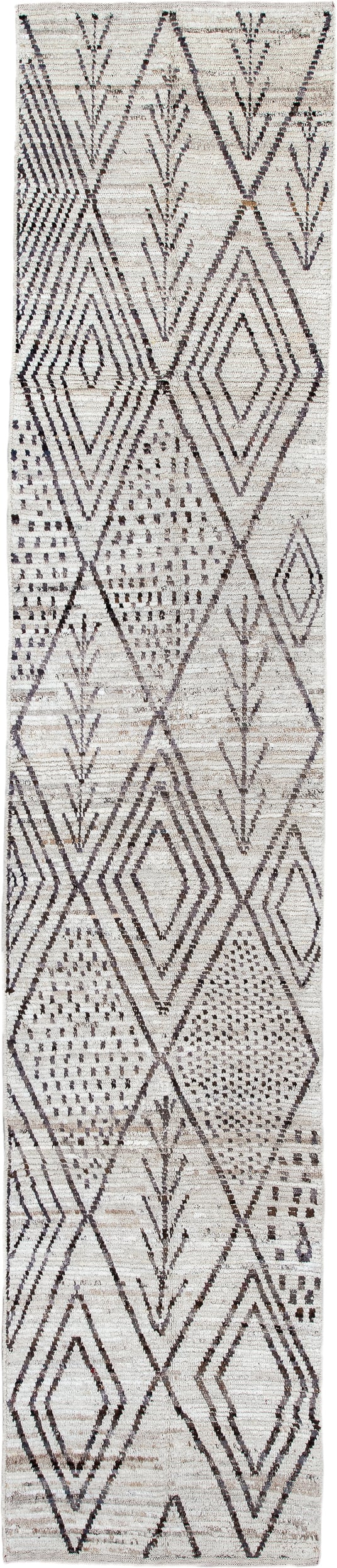 2' x 13' one-of-a-kind handmade vintage Tulu runner rug. Color palette: ivory, brown, taupe, charcoal, beige, gray, black