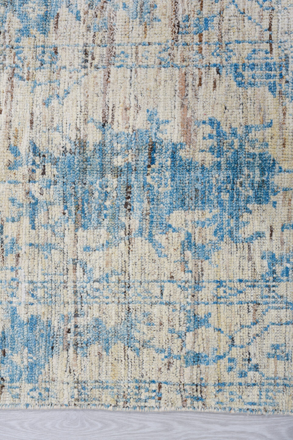3' x 10' one-of-a-kind handmade vintage Tulu runner rug. Color palette: ivory, sky blue, charcoal, slate, cream, light blue