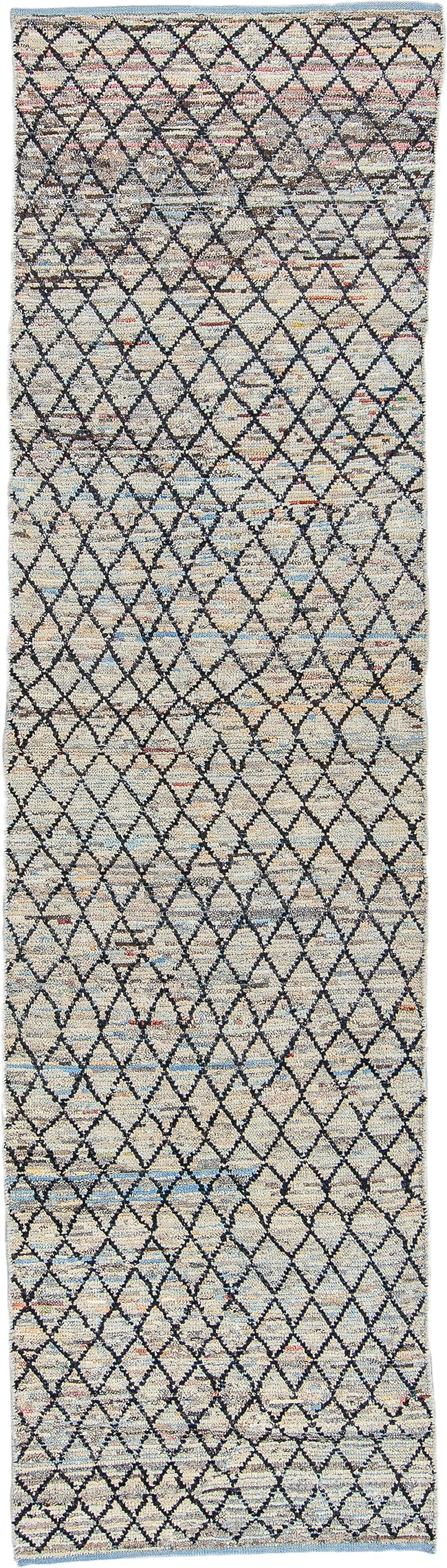 2' x 9' one-of-a-kind handmade vintage Tulu runner rug. Color palette: ivory, charcoal, slate, pale blue, rose, saffron
