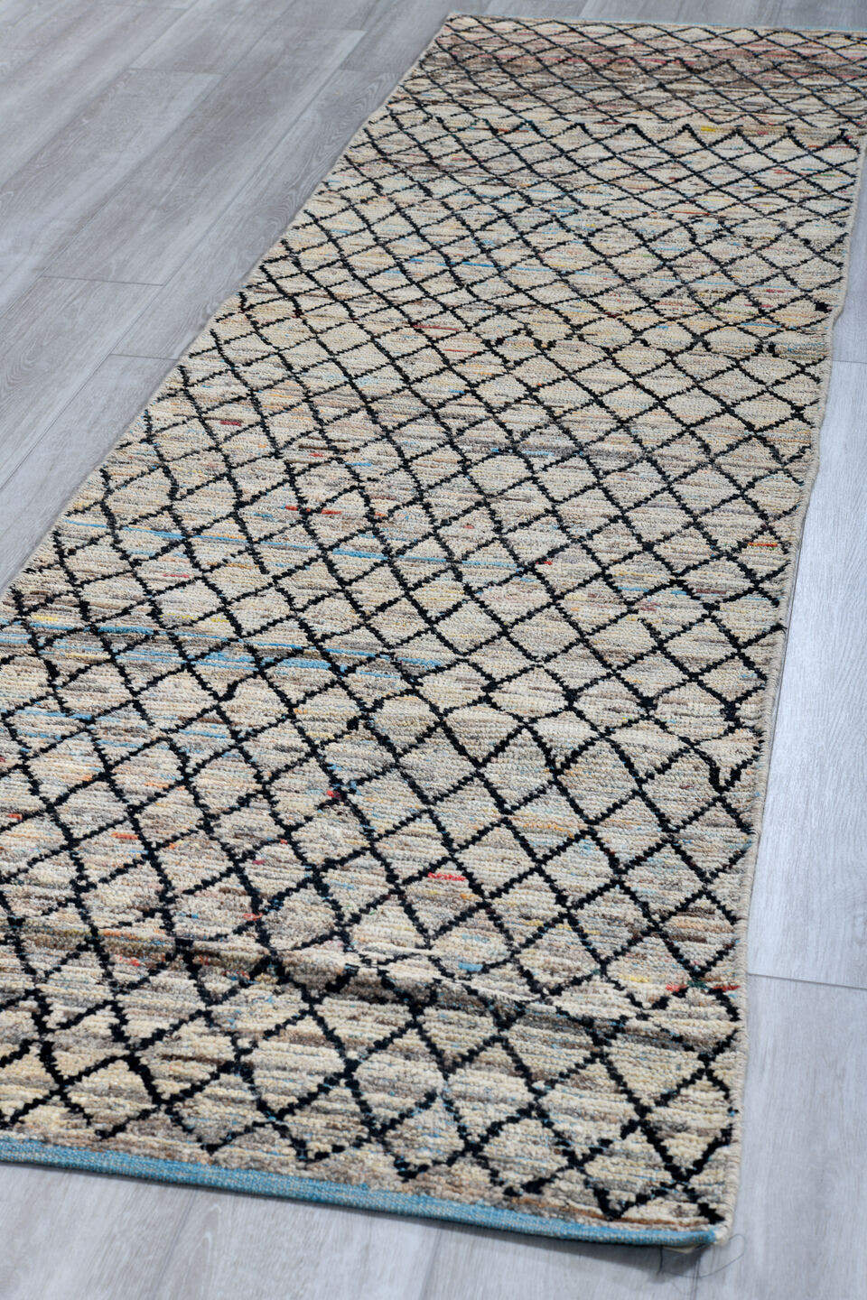 2' x 9' one-of-a-kind handmade vintage Tulu runner rug. Color palette: ivory, charcoal, slate, pale blue, rose, saffron